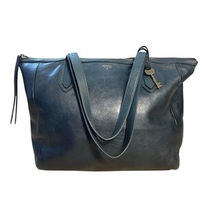 Fossil Sydney Navy Leather Zip-Top Tote Large Bag